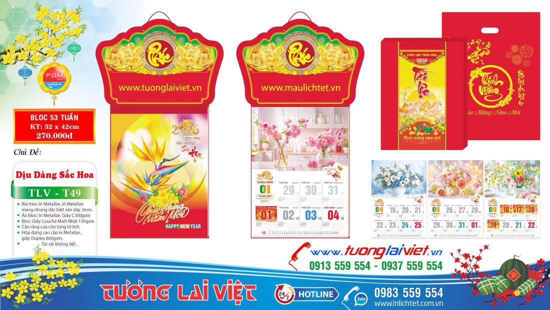 Mẫu Lịch treo tường 52 Tờ Hoa Xuân