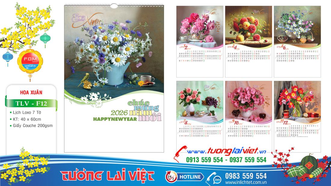 Mẫu Lịch treo tường 7 tờ Bốn Mùa Hoa